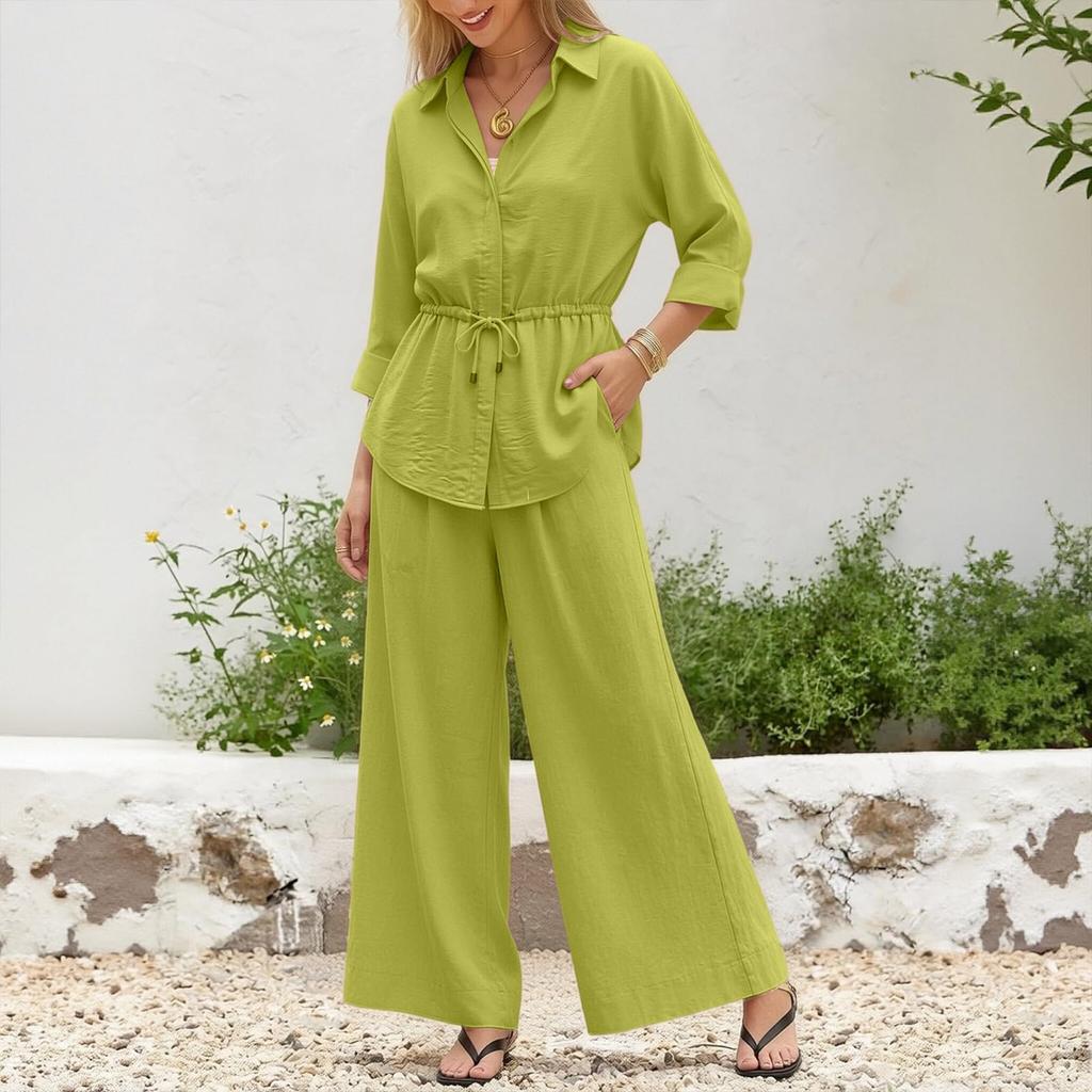 Women's Casual Two Piece Long Sleeve Collared Shirt and Pants Set