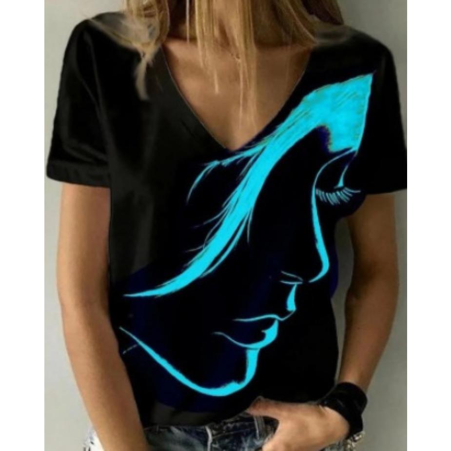 Large Size Floral Print V-neck Short Sleeved T-shirt Women Summer 3d Tees