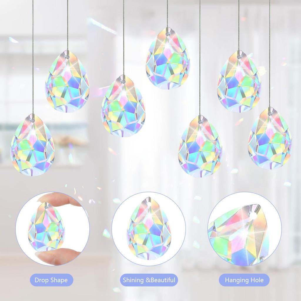 12pk Suncatcher Crystals (38x24mm) - Hanging Prisms for Windows & Gardens + 18m Cord