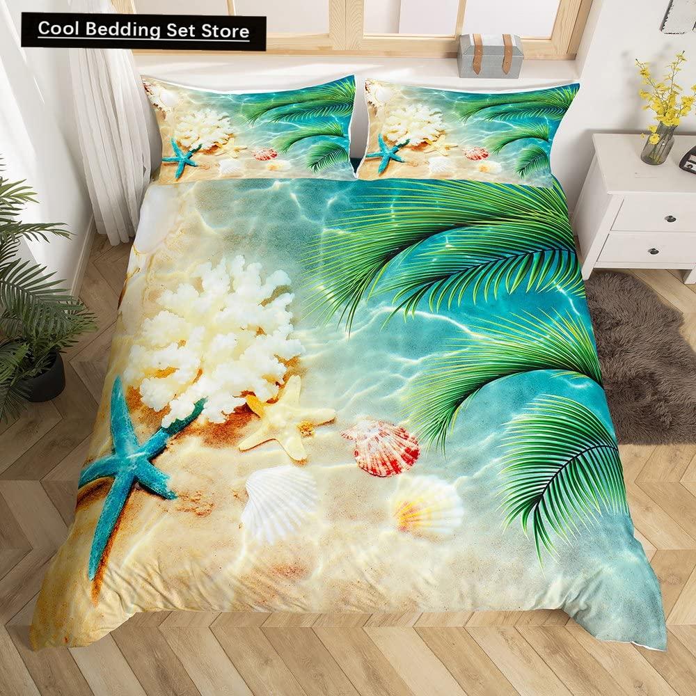 Summer Beach King Queen Duvet Cover Blue Ocean Fish Bedding Set Hawaiian Sea Palm Trees Quilt Cover Marine Life Comforter Cover