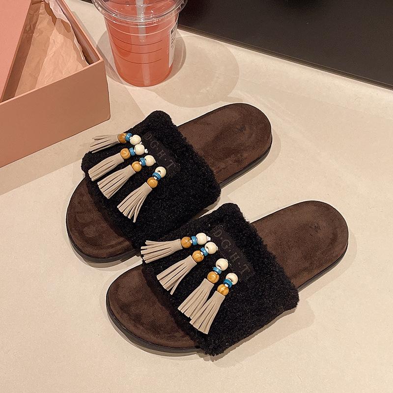 Retro tassel fluffy slippers women's 2025 autumn new wear versatile casual soft bottom lazy one-word drag