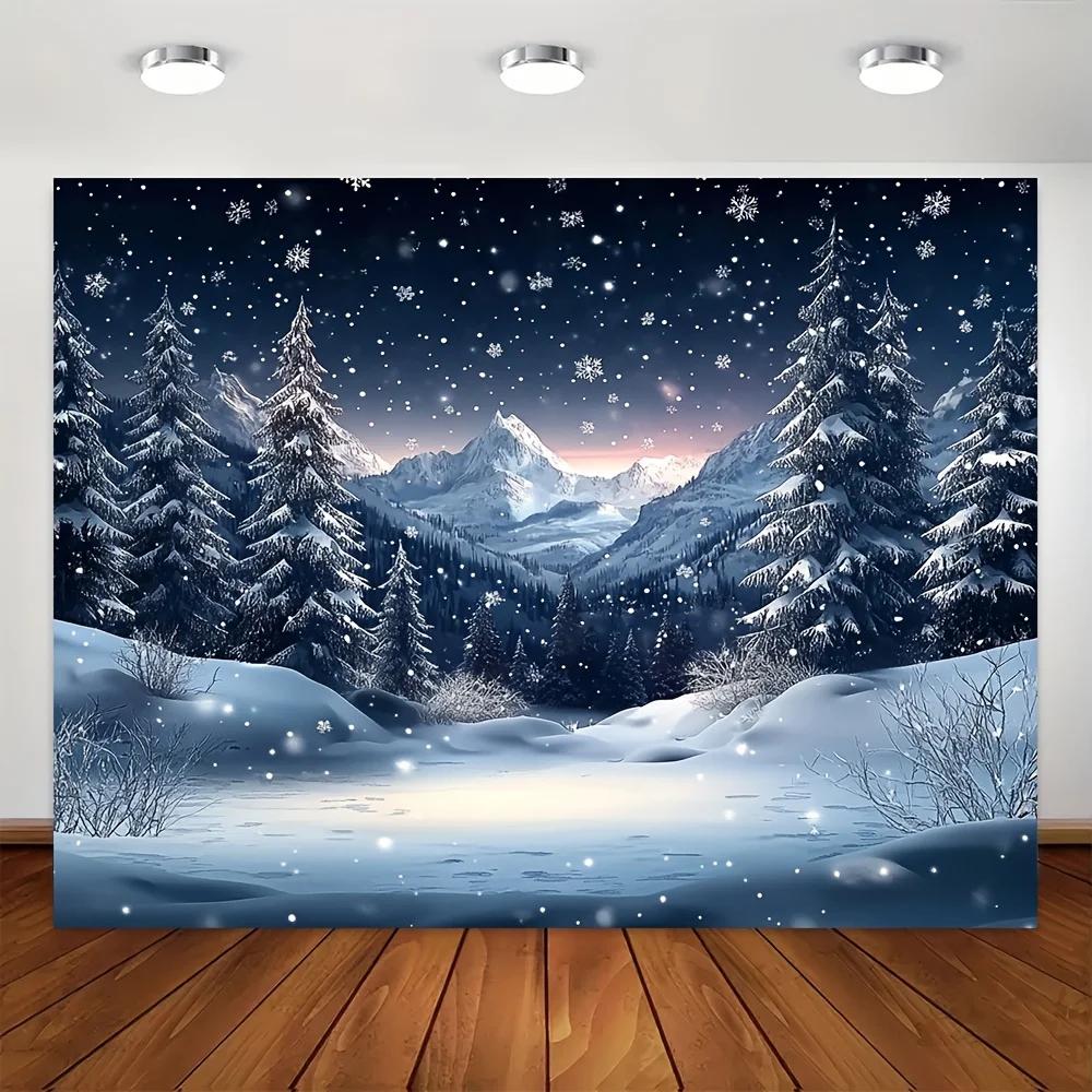 One Item: Winter Landscape Backdrop Featuring a Snowy Mountain Scene Made of Polyester material.ZL