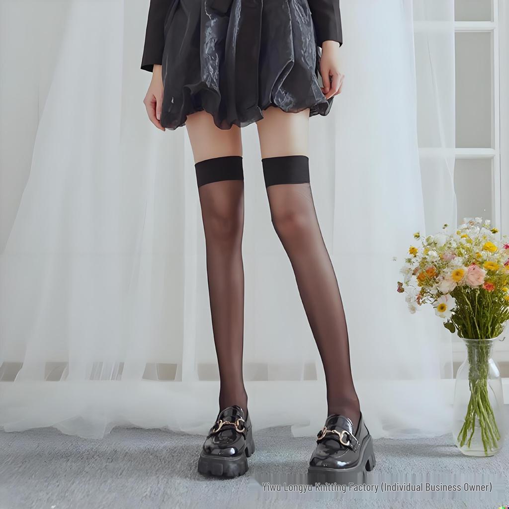 Czarne Koronkowe Pończochy do Uda z Kokardką - Damskie Seksowne Skarpetki za Kolano