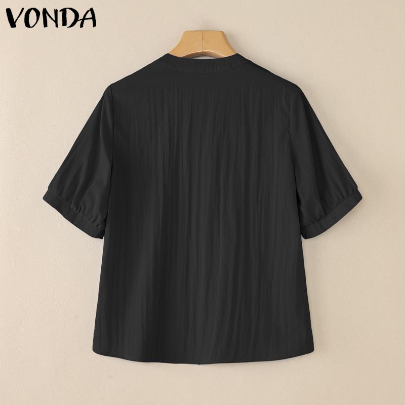 VONDA Elegant Women Puff Sleeve Ruffled Hem Patchwork Casual Blouse Tops