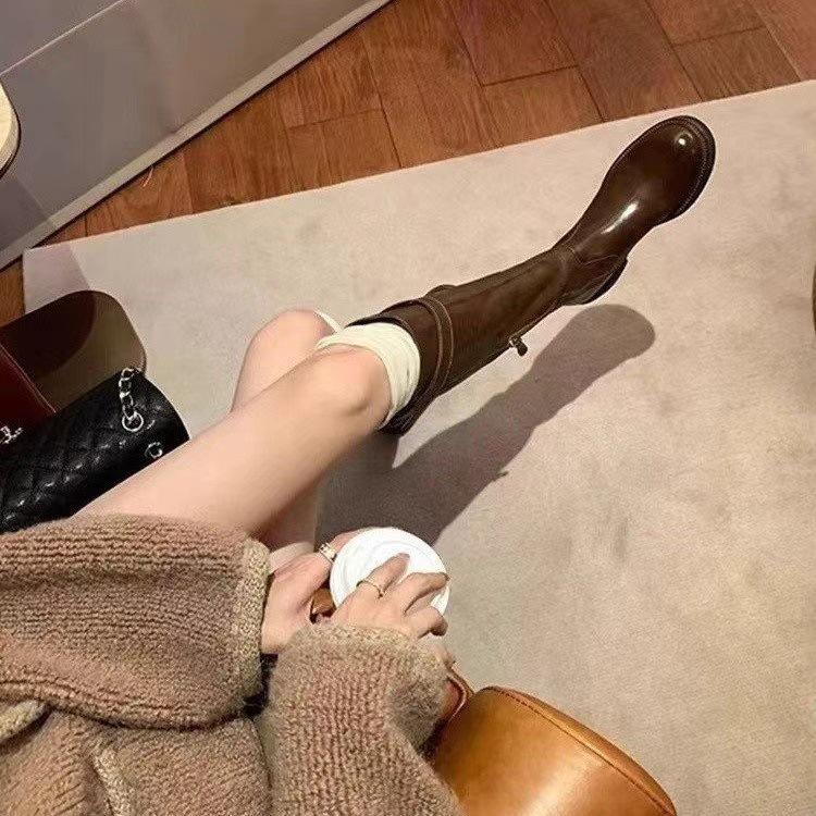 

Толстая подошва с закругленным носком, с зауженным толстым каблуком, рыцарские сапоги, женские британские сапоги, высокие сапоги, ботинки 40