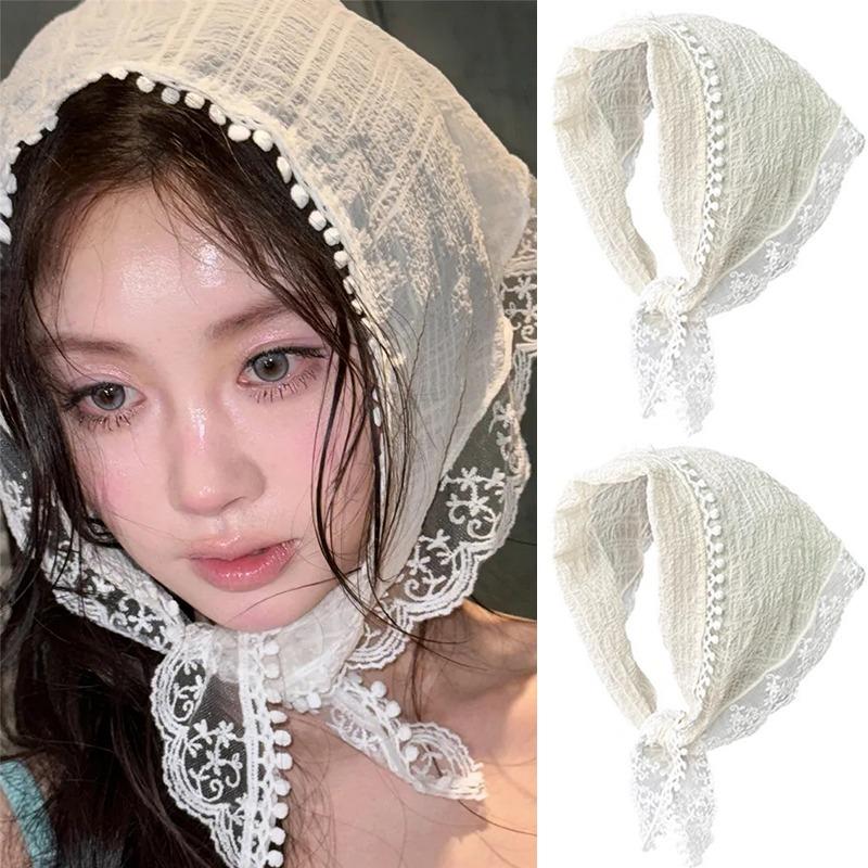 2pcs Korean Ins Lace Hair Scarf for Women Retro Triangle Hair Band Strap Hair Bag Headscarf Hat French Pastoral Travel Headband
