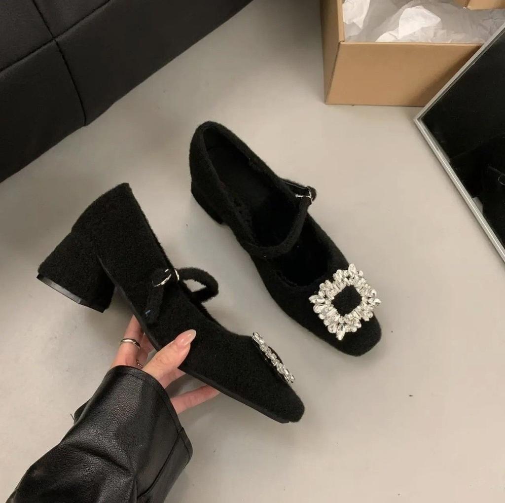 Premium Gray Thick Heel High Heel Square Head Rhinestone Single Shoes Women's Season Velvet Mary Jane Shoes