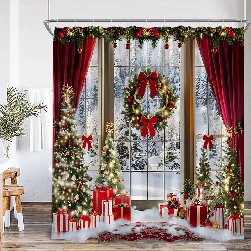 Cortină de duș de Crăciun Brad Cadouri Pădure de iarnă Cedru Natură Peisaj Agățat de perete pentru casă Cortine de baie din material textil Decor