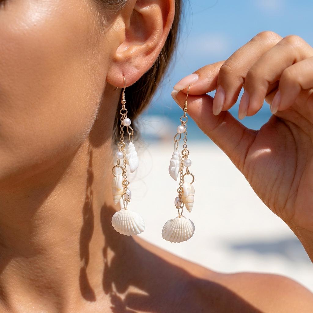 Exquisite Boucles d'Oreilles à Pompons Coquillage & Étoile de Mer pour Femmes – Polyvalentes, Style Bord de Mer de Niche