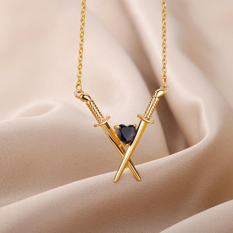 Crossed Swords & Onyx Heart Necklaces For Women Stainless Steel Crossed Swords Necklace Wedding Aesthetic Jewelry Gift