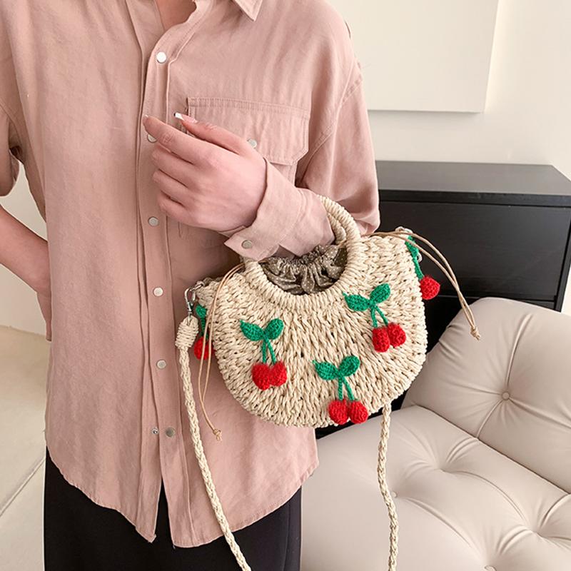 Yogodlns Bolsa de Palha Cereja Feminina Bolsa de Mão Tecida à Mão Formato de Lua Bolsa de Rattan Grande Capacidade Cordão Casual Bolsa de Ombro Cruzada para Praia