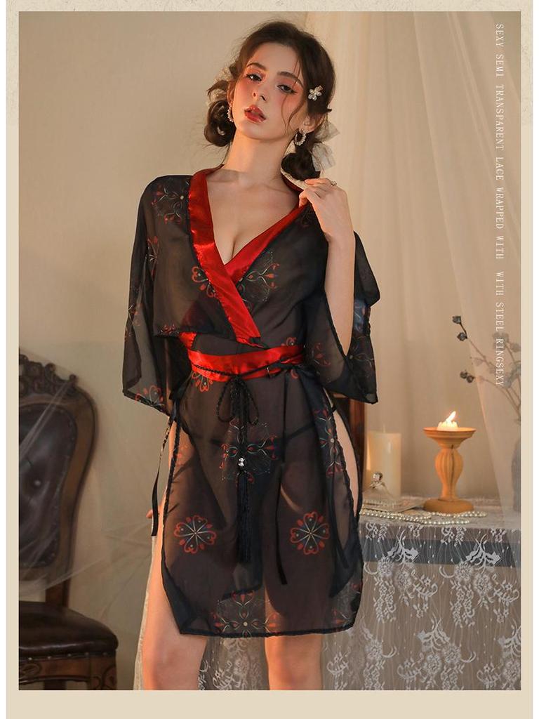 Erotic Black Japanese Kimono Lingerie Set