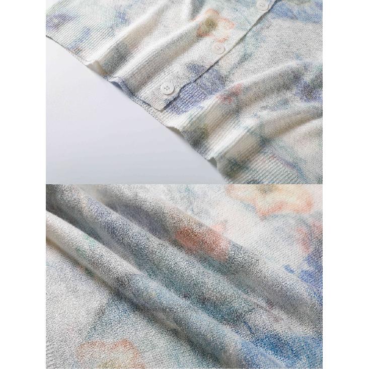 Womens Floral Print Long Sleeve Knit Sweater Top V-Neck Knitted Cardigan Casual Style Jacket Anti-Darkness