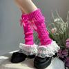 Aesthetic Elegant Layered Ruffle Lace Trim Leg Warmer for Women Cable Knit Leg Sleeve Covers Footless Socks with Bowknot