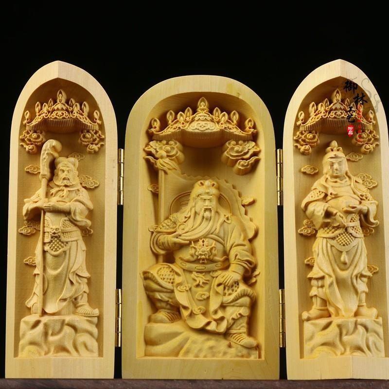 Boxwood Western Tři svatí Buddha Guanyin Masivní dřevo Přenosná třípanelová řezbovaná ozdoba