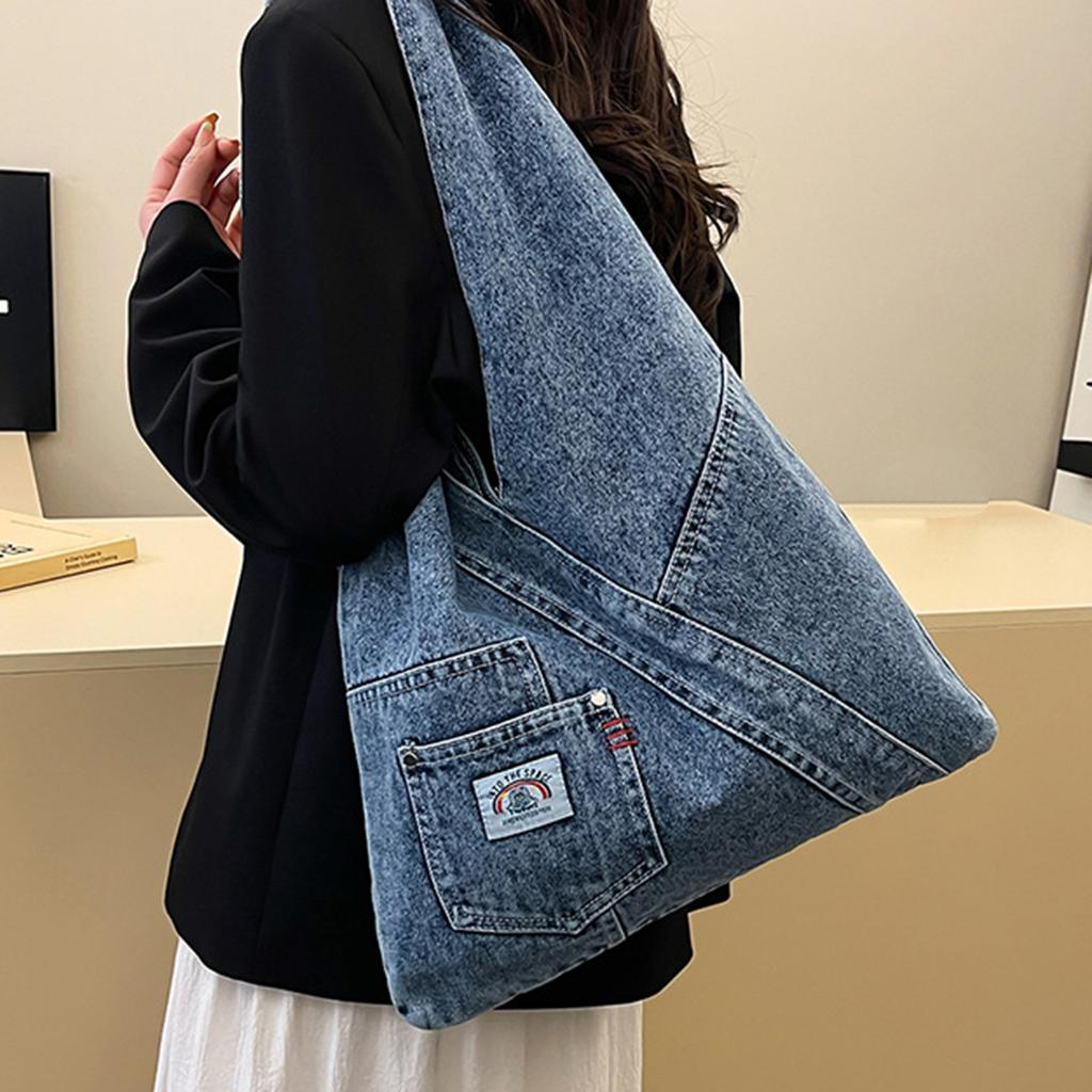 Vintage Denim Bag Women Travel School Office Outdoor Large Pocket Black Blue Jean Tote Shoulder Bag For Women