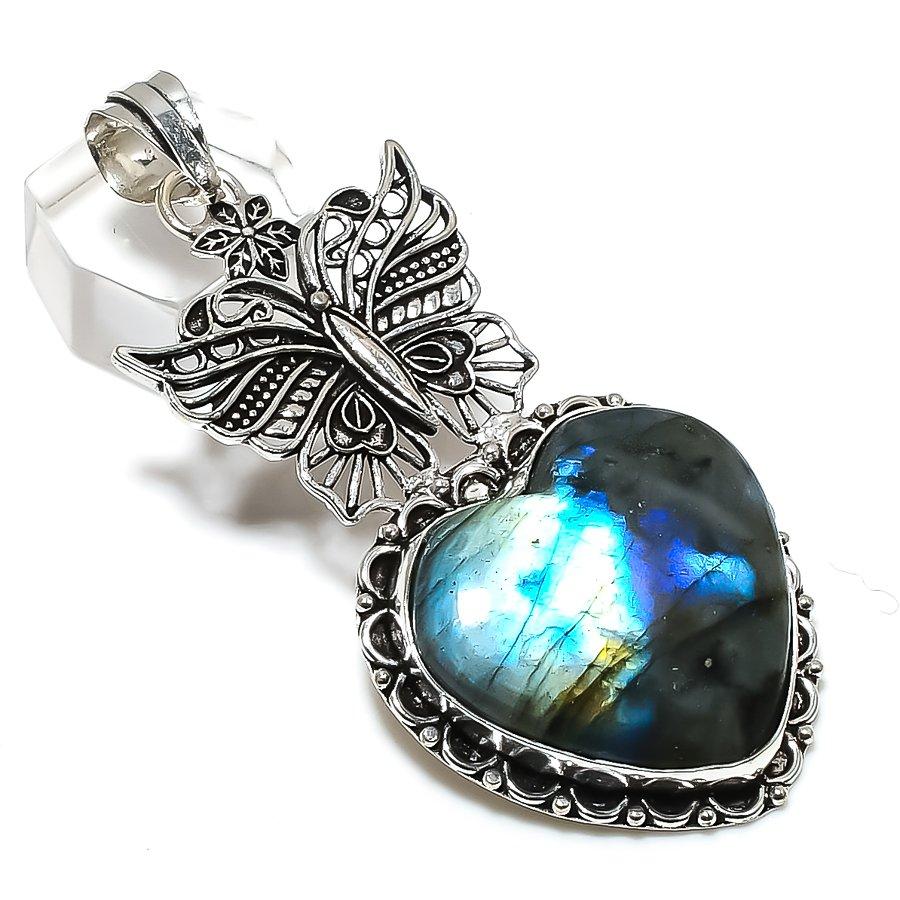 Natural Labradorite Gemstone 925 Steling Silver Jewelry Pendant 2.96" I8s06