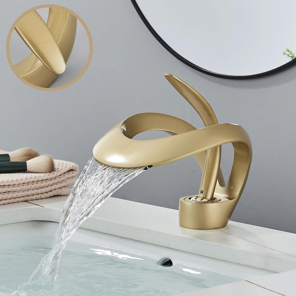 Uythner Luxury Creative Waterfall Basin Faucet Single Handle Deck Mount Basin Tap Black Brass Bath Hot Cold Water Vanity Tap