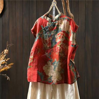 Camicie da donna stile cinese con stampa floreale, colletto alla coreana, senza maniche, con bottoni, estive, vintage