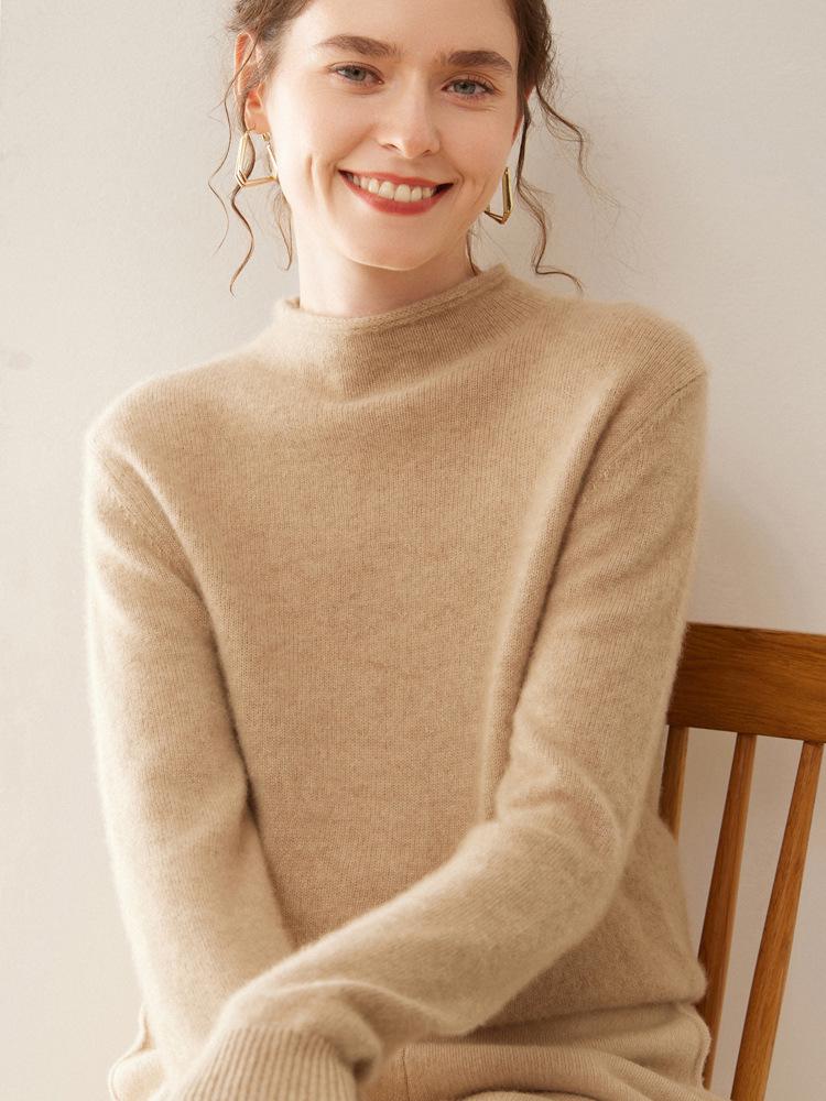 Women's Cashmere Rolled Hem Turtleneck Sweater: Pure, Double-Ply, Thick Knit, Short, Loose, Versatile Base Layer