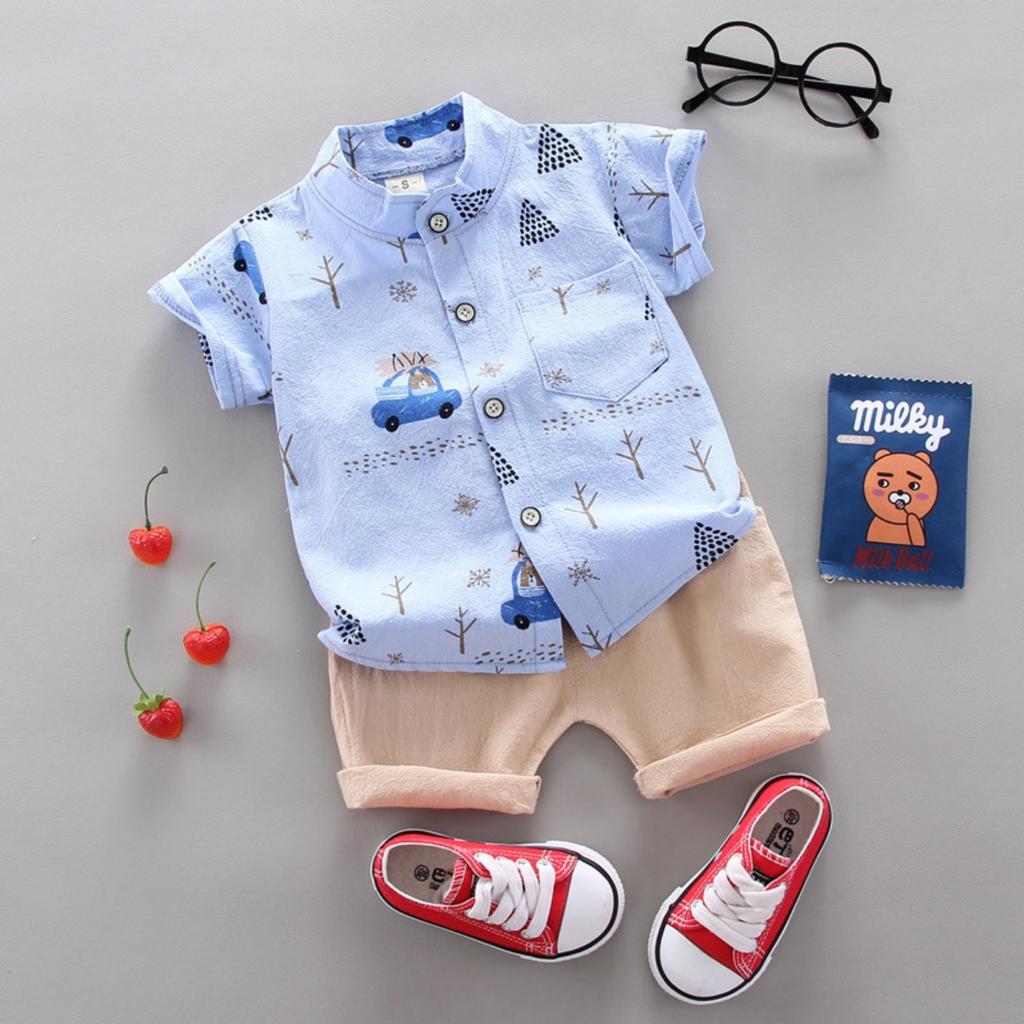 Summer Printed Pyramid Shirt Short Sleeved Shorts Set for Male and Female Infants and Young Children
