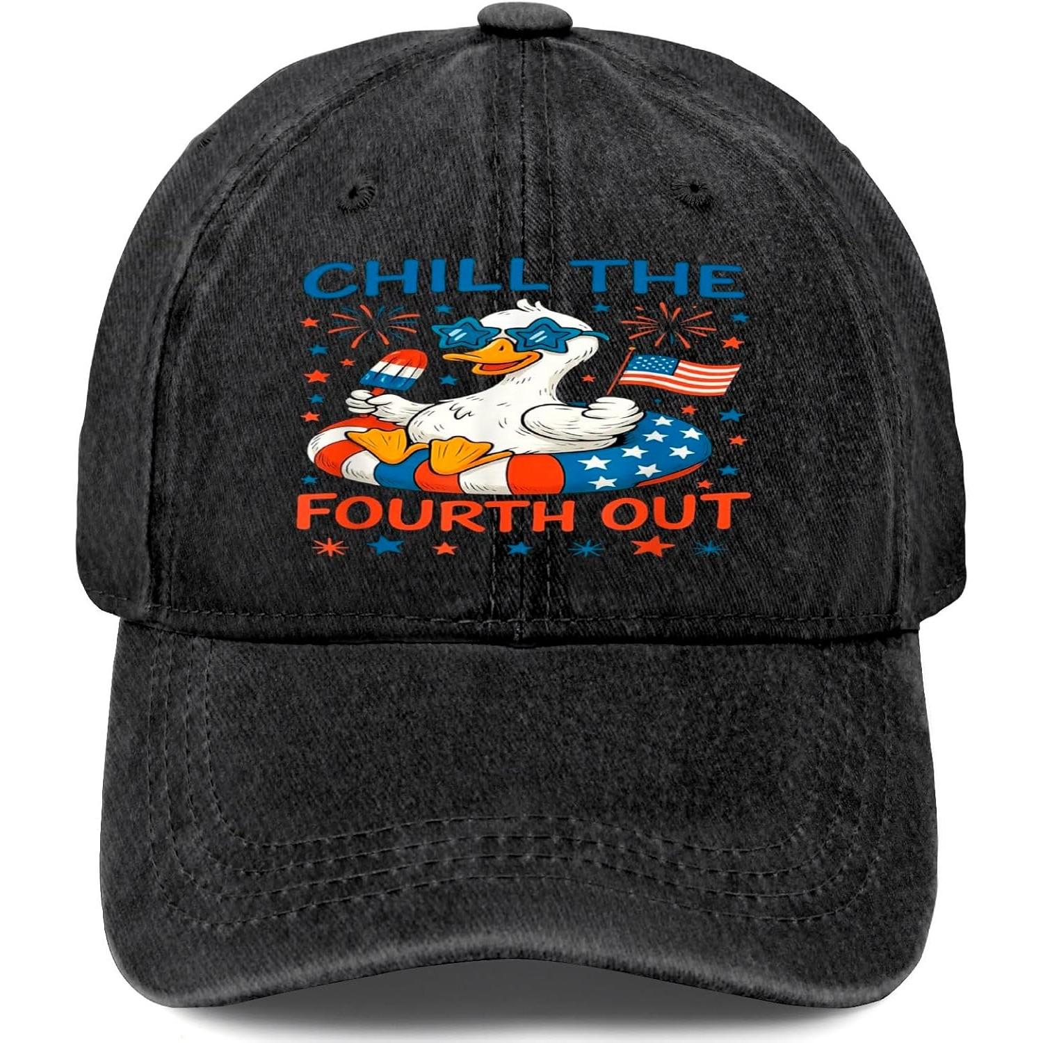 Chill The Fourth Out Funny Duck Patriotic Baseball Cap Washed Denim Adjustable Hat One Size
