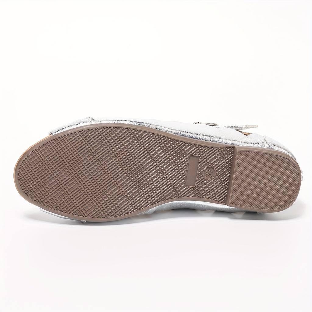 Silver Hollow Fish Mouth Geometric Metal Buckle Back Zipper Breathable Cool Flat Shoes Fashionable, Plaid, Elegant and Easiest