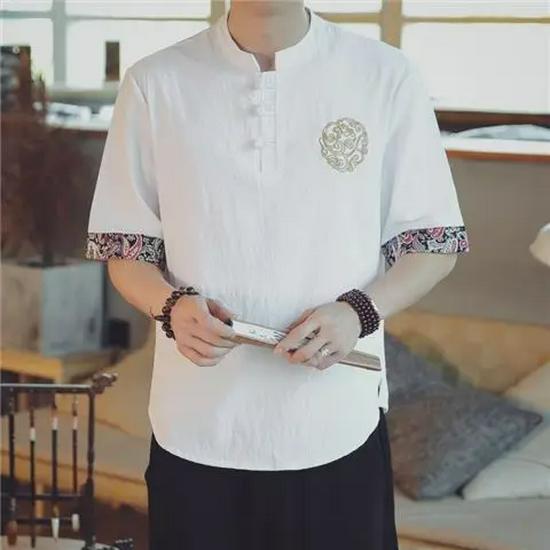 Men’s Chinese Crane Embroidery Cotton-Linen Short-Sleeve T-Shirt