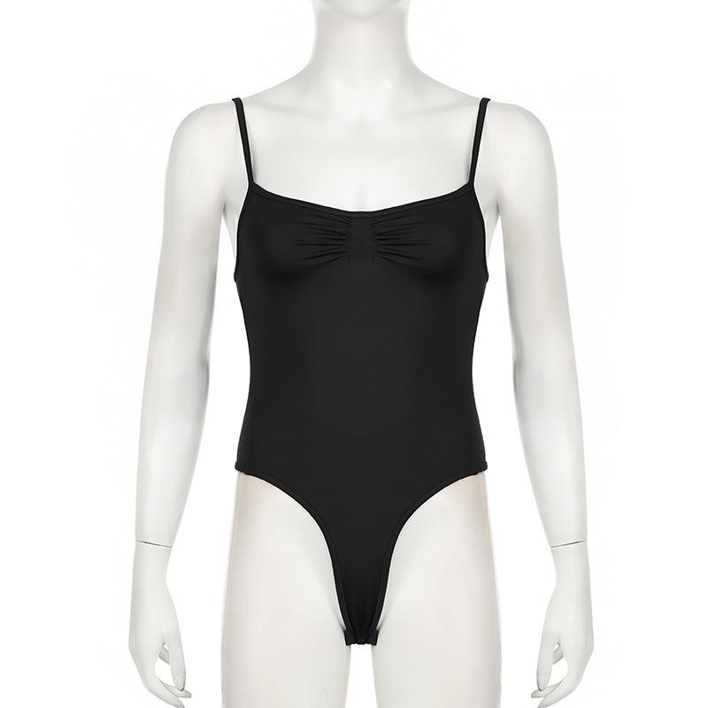 Sweetown Sleeveless Skinny Shirring Skinny Sexy Spaghetti Strap Bodysuit For Women Black Solid Simple Basic Vacation Camisole