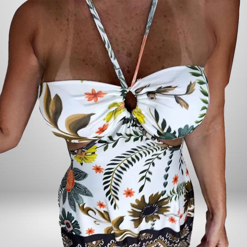 New Stylish and Elegant Printed Halter Neck Sleeveless Sexy Waist Hollow Vacation Dress