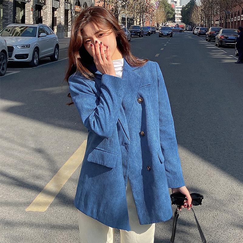 

Весна и осень Новый небесно-голубой длинный рукав тонкий шерстяной пиджак женский ретро вельветовый маленький костюм XL синий