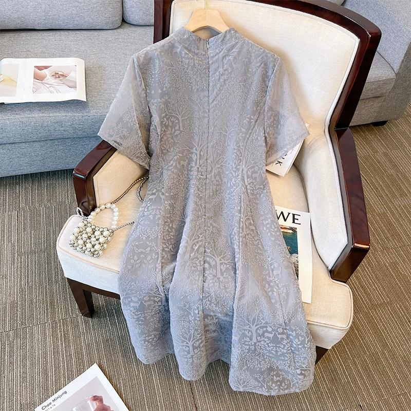 Ladies Temperament Elegant Half High Neck Dress Plus Size Slightly Stretchy Slant Lapel Cheongsam