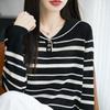 Women Long Sleeve Knit Top Sailor Collar College Style Striped Ice Silk Casual Base Layer Shirt