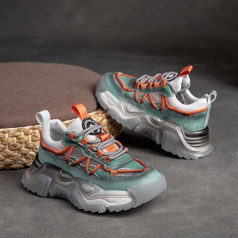 2026 Sommer Neu Dicke Sohle Vollrindleder Mesh Atmungsaktiv Dad Schuhe Mode Lässig Damen Sneaker