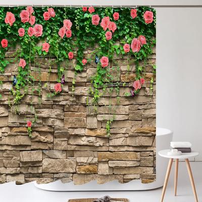 Tecido Poliéster Impermeável 3D Cortinas de Chuveiro Parede de Flores de Pátio Paisagem Cortinas de Banheiro Com Ganchos Decoração de Banheira Tela