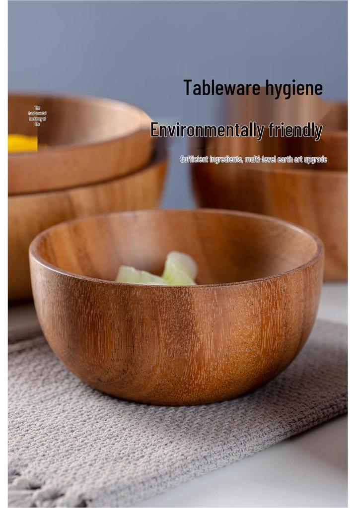Acacia Wood Salad and Rice Bowl - Large Round Wooden Basin Tableware