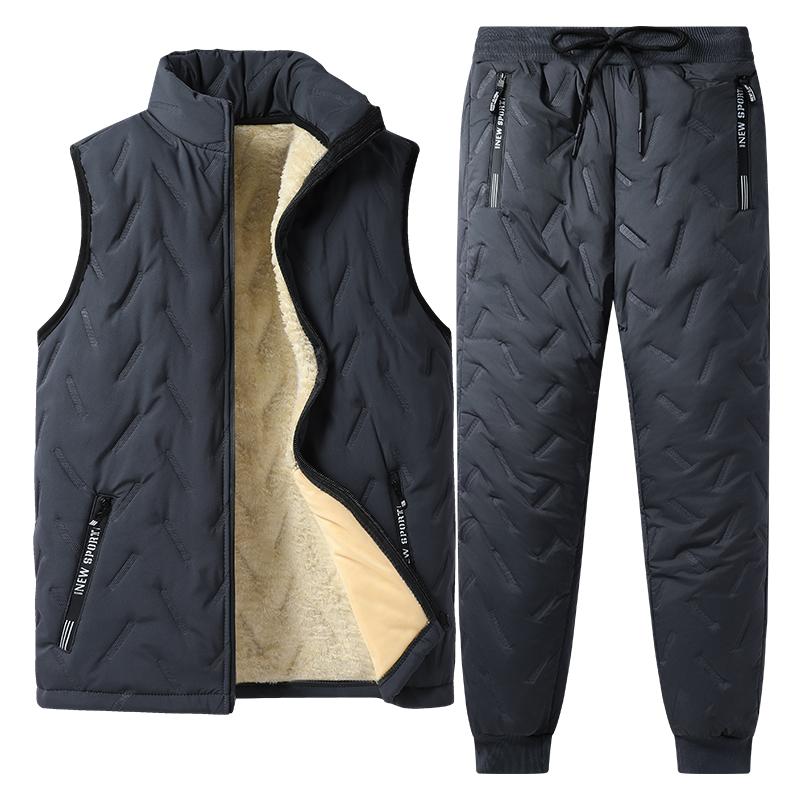 Men's Autumn and Winter Sports Suit Stand Collar Sleeveless Cardigan Jacket Outdoor Thick Warm Vest and Pants Two-piece Set