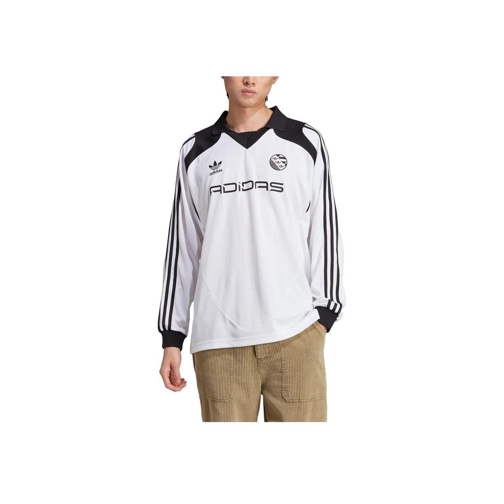 Adidas Originals Trefoil Three-Stripe Logo Print Casual Loose Fit V-Neck Long Sleeve Soccer Jersey Men Tops White IW3643