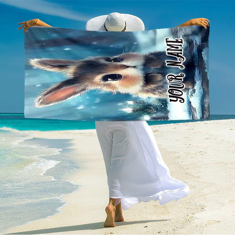 1PC Custom Name Winter Bunny Adventure Beach Towel Highly Absorbent And Sand-Resistant Towel for Swimming, Pool, Yoga, And Travel Lightweight