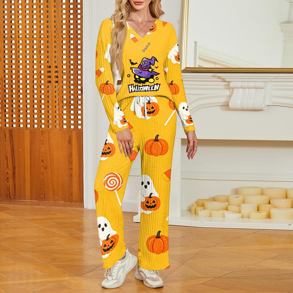 Women's Halloween Print Long Sleeve V-Neck Loose Fit Pajama Set with Pockets