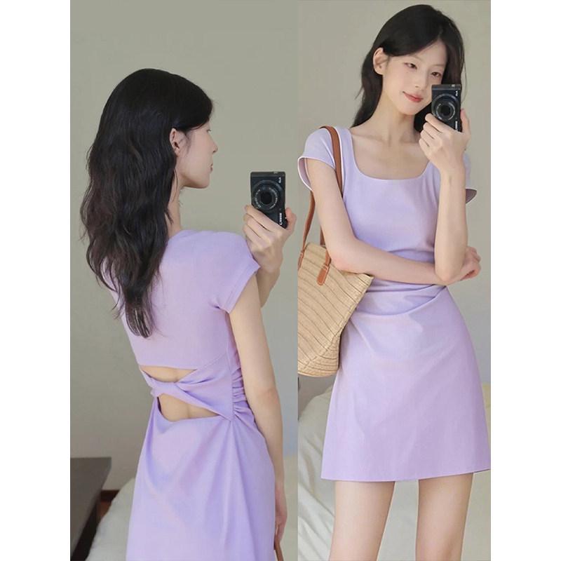 

Women s Purple Beach Dress - Early Summer Short Sleeve, Waist-Cinching, Slimming, Hip-Hugging, Bodycon Design Medium