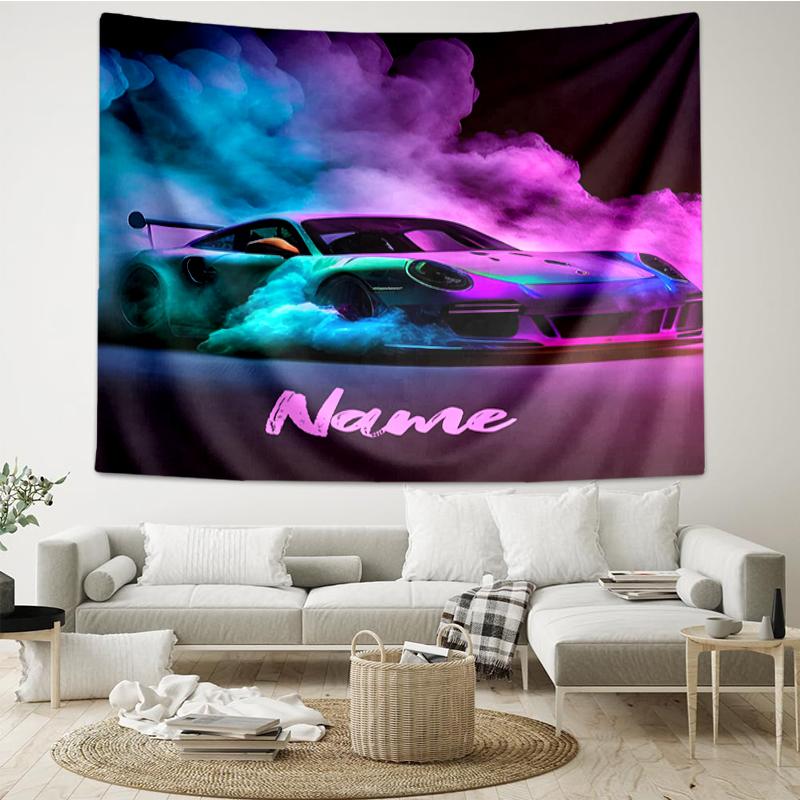 Custom Name Racing Print Tapestry, Backdrop, Easy Setup, Ideal for Bedroom, Office & Living Room, with Aesthetic Wall Hanging Decor.