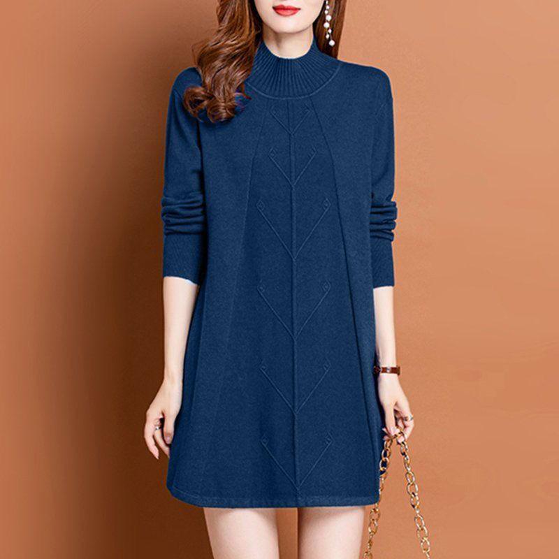 Mid-length Pullover Women's Solid-color Casual Knitted Sweater Dress Autumn and Winter Loose Large-sized Knitted Sweater