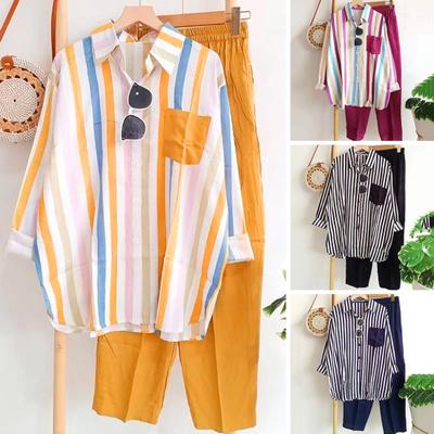2 Unids/set Camisa Pantalones Conjunto Manga Larga Casual De Moda Cintura Elástica Transpirable Ropa Diaria Poliéster Rayas Blusa Pantalones Traje Ropa de Primavera