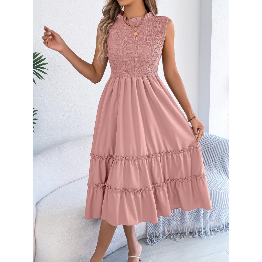 Spring Summer Women's Casual Smocked Waist Sleeveless Ruffle Trim Flowy Maxi Long Dress for European American Crossborder