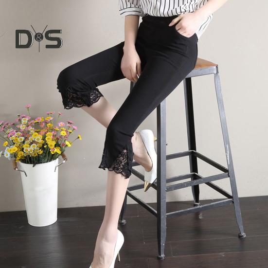 Dámské zkrácené kalhoty, jednobarevné, vysoce elastické, letní, rozšířené kalhoty, krajkové prošívání, těsné legíny s kapsami