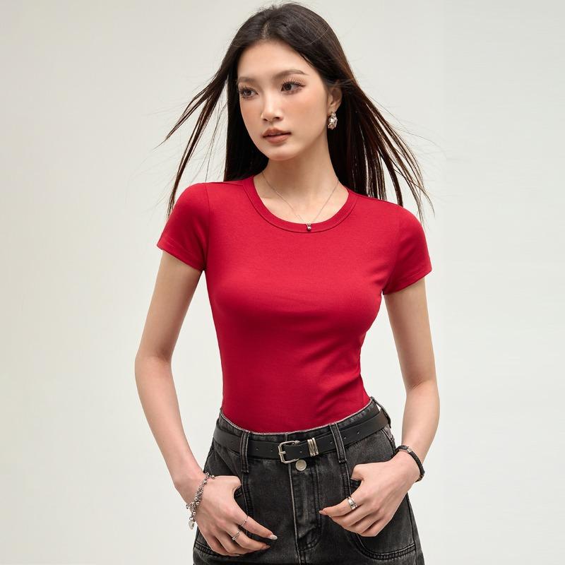 Front Shoulder Short-sleeved Shirt Women's Spring and Summer New Solid Color Versatile Simple Round Neck Slim-fitting Inner Top