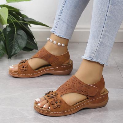 Retro Flowers Design Wedge Sandals Women  Hot Sale Open Toe Summer Roman Cutout Shoes Ladies Solid Flat Sandals