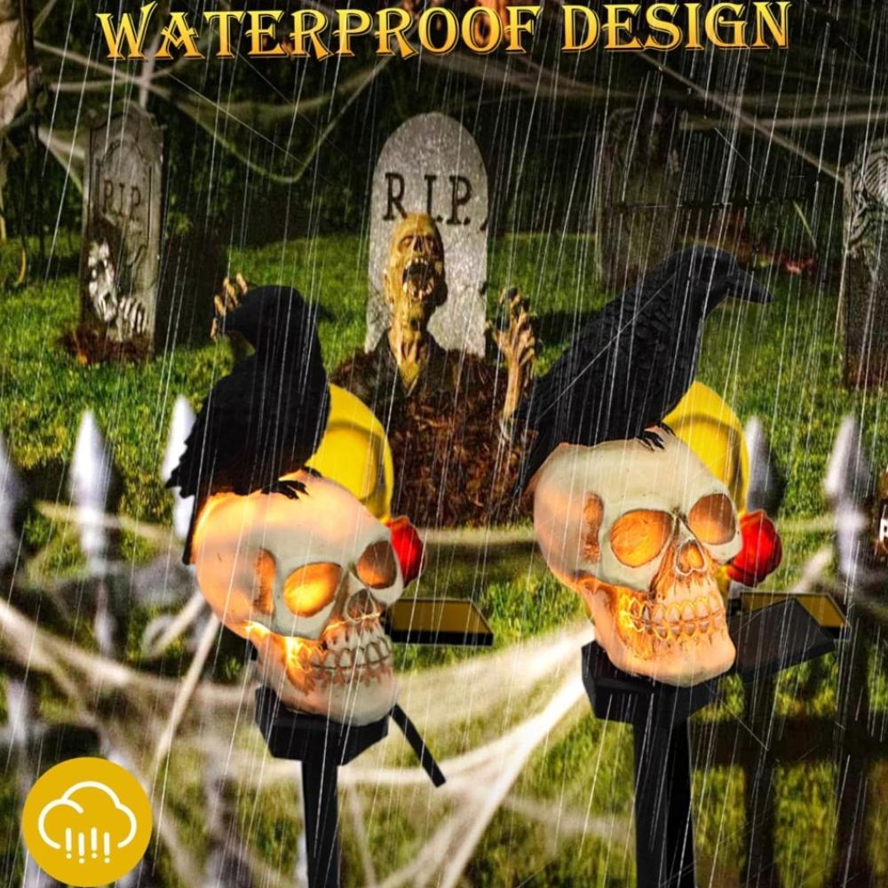 Solar Lights Outdoor 1 Set Crow on Skull Solar Halloween Lights with Stake Waterproof LED Light Decorations for Outdoor Decor