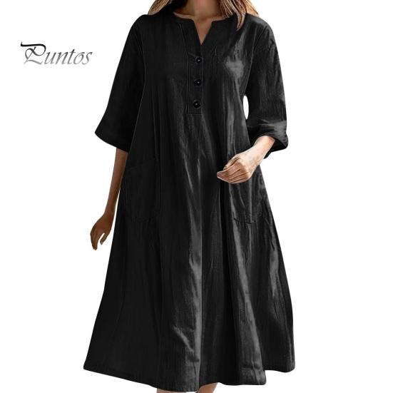 

Летнее весеннее платье с карманами, застегивающимся на пуговицы V-образным вырезом, плиссированным свободным А-образным подолом, короткими рукавами, однотонным платьем миди для повседневной носки, вечеринок, свиданий S чёрный